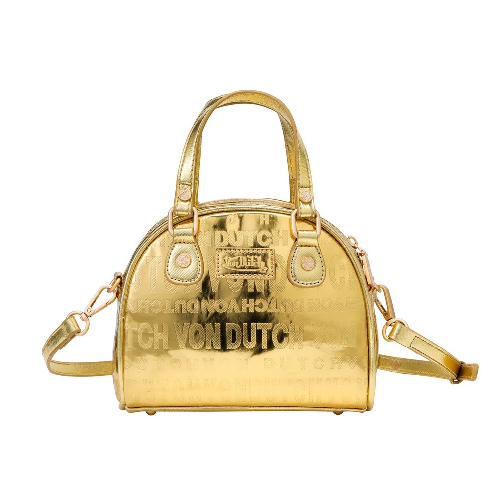 Von Dutch Metallic Gold Mini Bowler Bag Y2K Logo Crossbody Dome Satchel